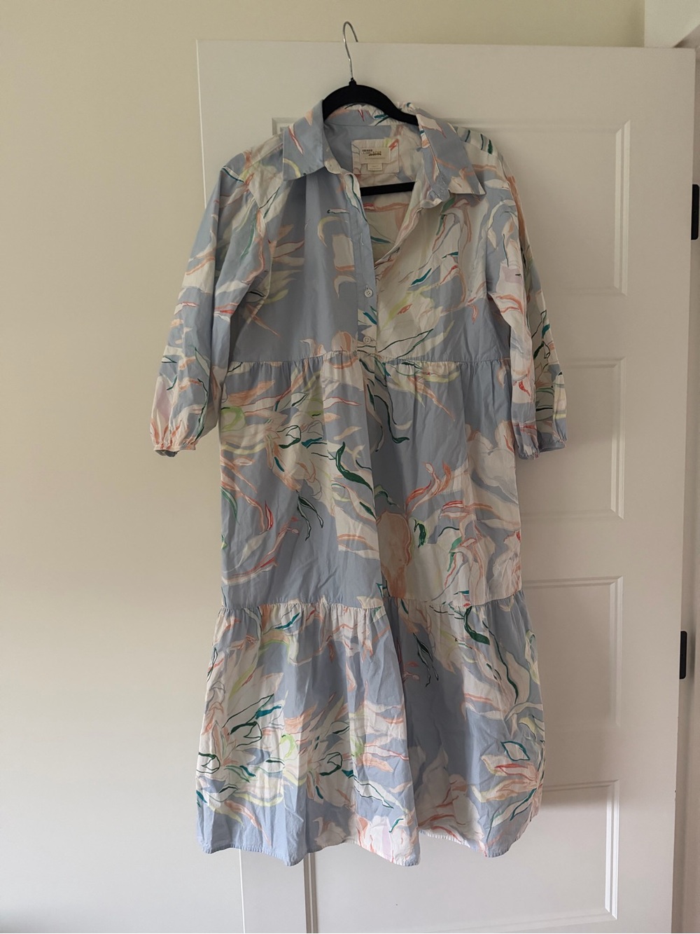 Maeve Light Blue Abstract Print Tiered Midi Dress oversized size XS